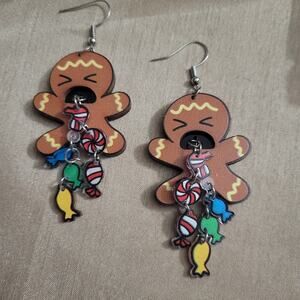 Funny Christmas gingerbread man cookie throwing up candy holiday earrings